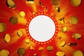 Winner jackpot banner red frame light bulb with gold coins flying around, gambling game, 3D rendering Royalty Free Stock Photo