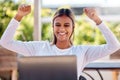 Winner, laptop and cheering with a freelance woman remote working from a cafe on her small business startup. Wow Royalty Free Stock Photo