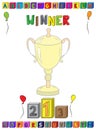 Winner lettering A4 Page award for kids with alphabet blocks, winner cup and medal podium