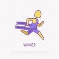 Winner of marathon thin line icon. Runner finishes and tears the ribbon. Modern vector illustration