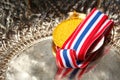 Winner medal with fabric neck holder ribbon. Royalty Free Stock Photo