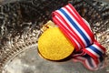 Winner medal with fabric neck holder ribbon. Royalty Free Stock Photo