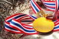 Winner medal with fabric neck holder ribbon. Royalty Free Stock Photo