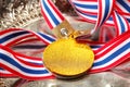 Winner medal with fabric neck holder ribbon. Royalty Free Stock Photo