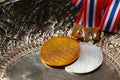 Winner medal with fabric neck holder ribbon. Royalty Free Stock Photo