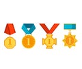 Winner medals with red and blue ribbons isolated on white background. Colorful collection of golden award circles Royalty Free Stock Photo
