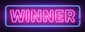 Winner neon text banner on brick wall. Win prize background. Questions team game. Quiz night poster. Pub neon signboard