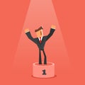 Winner on pedestal. Flat style. Businessman standing on first place of pedestal. Success and victory concept.