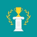 Winner pedestal with gold trophy, winning cup and laurel. Podium for best product with greek or roman column Royalty Free Stock Photo