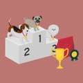 Winner pedestal. Puppy wining a dog show, pet on the first place. Gold trophy Cup on prize podium. Award ceremony animal, doggy ch