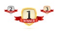 1, 2, 3 winner place isolated vector badges set. Collection of Win golden numbers on a shield with red ribbon isolated