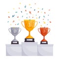 Winner podium cups. Gold, silver, bronze rewards, competition trophy cups, achievement award on pedestal. Victory