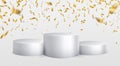 Winner podium golden confetti background. White cylinder podium realistic mockup. First second third place award Royalty Free Stock Photo