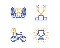 Winner podium, Laureate award and Bicycle parking icons set. Trophy sign. Vector