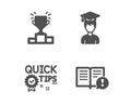 Winner podium, Quick tips and Student icons. Facts sign. Competition results, Helpful tricks, Graduation cap. Vector