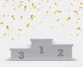 Winner podium. Sport winners pedestal, 3d steps. Celebration stand or platform for trophies with gold confetti. Isolated