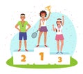 Winner ranking. Stepwise podium with athletes. Award ceremony. Gender equality competition. Sports persons standing on Royalty Free Stock Photo