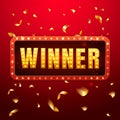 Winner red retro banner with glowing lamps. Win congratulation vintage frame, golden light bulb frame sign with gold Royalty Free Stock Photo