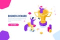 Winner reward isometric, business success, golden cup, people are happy to put their hands up, achievement and