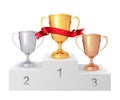 The winner`s cups. White winners podium. Pedestal. Set of realistic gold, silver, bronze cup. Vector illustration