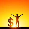 Winner silhouette.a man raising his arms with dollar sign