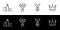 Winner symbol icon set. Podium, trophy, medal, and crown