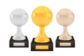 Winner tennis awards set, gold silver bronze trophy cups on stands with empty plates Royalty Free Stock Photo