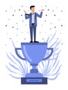 Winner on top of his trophy vector illustration.Business man standing on big golden cup. Business success, champion Royalty Free Stock Photo