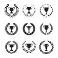 Winner Trophy Cup Silhouette Set with circular laurel foliate an