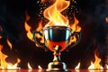 Winner trophy engulfed in vibrant flames, center-focused with a lens blur effect, creating an indistinct and dynamic glow