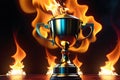 Winner trophy engulfed in vibrant flames, center-focused with a lens blur effect, creating an indistinct and dynamic glow