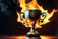 Winner trophy engulfed in vibrant flames, center-focused with a lens blur effect, creating an indistinct and dynamic glow