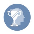Winner vector icon. Abstract stencil winner cup on head silhouette