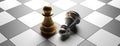 Chess pawns one gold standing one silver is down, chessboard background, 3d illustration