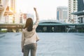 Winner woman celebrating success on city background. Royalty Free Stock Photo