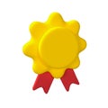 Winner yellow medal and red ribbons. 3d illustration icon isolated on white background with clipping path. Cartoon