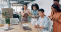 Winner, yes and applause with a business asian man cheering with his team while working on a laptop on his office. Goal Royalty Free Stock Photo