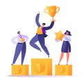 Happy business people standing on the winner podium with awards. Royalty Free Stock Photo