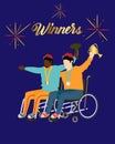 Winners couple athletes with awards...Happy people with disabilities. The letters of the word `Winner