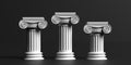 Winners pedestal. Three marble ionic columns on black background. 3d illustration