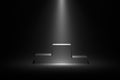 Winners pedestal. White 3d geometric illuminant studio pillar podium pedestals isolated illustration with spotlight. 3D