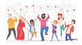 Winners people. Happy characters successful excited team jumping and celebrating victory exact vector cartoon background