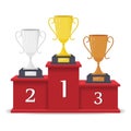 Winners podium with gold, silver and bronze cups. Pedestal. Stage for awards ceremony. Champions info graphic elements Royalty Free Stock Photo