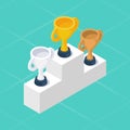 Winners podium from gold, silver, bronze trophy cup isometric design. Royalty Free Stock Photo