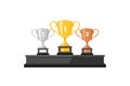 Winners podium with trophies. Trophy prizes for the Champions. Three vector champion cups: gold, silver, and bronze trophy Royalty Free Stock Photo