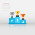 Winners podium with trophy icon in flat style. Pedestal illustration on white isolated background. Gold, silver and bronze award Royalty Free Stock Photo