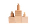 Winners podium from wooden blocks with knobbed cylinders isolated on white background. Corporate hierarchy, ranking