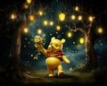 Winnie the Pooh has yellow balloons and lanterns on a dark background.