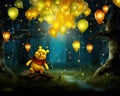 Winnie the Pooh has yellow balloons and lanterns on a dark background.