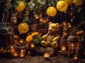 Winnie the Pooh with yellow balloons and lanterns on a dark background